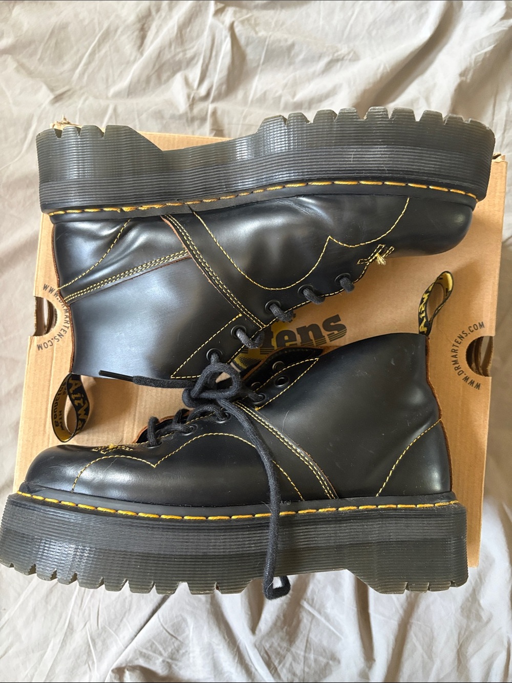 Dr. Martens Black Leather Lace-Up Ankle Boots with Yellow Stitching - Picture 2 of 6